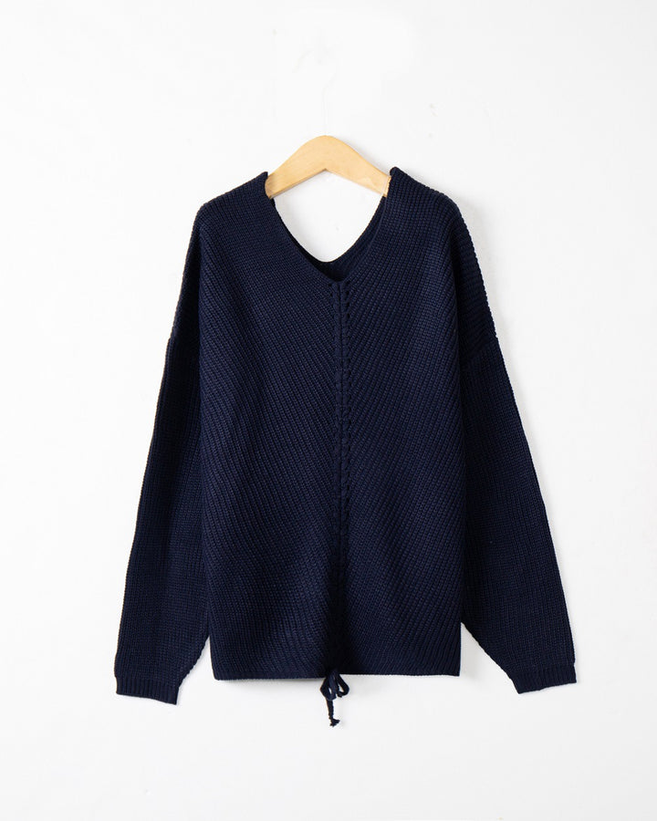 Damen Strickpullover mit Zopfmittelnaht, V‑Ausschnitt und Kordelzug Echo Archiv