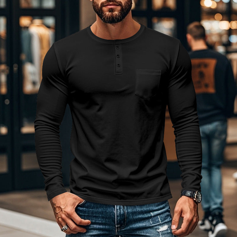 Herren nan schlankes Langarm-Buttonshirt mit kurzer Knopfleiste und Brusttasche Echo Archiv