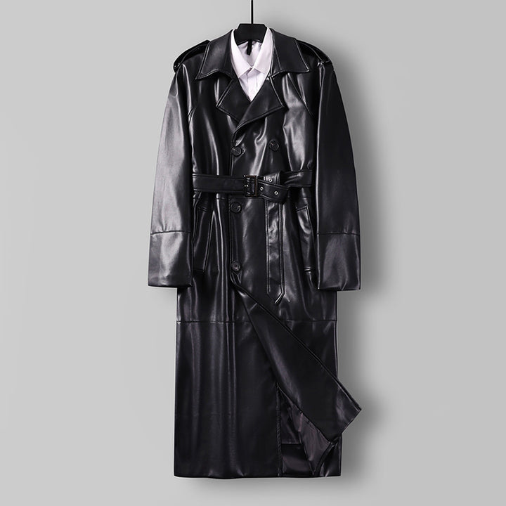 Herren Langer Kunstleder-Trenchcoat mit Doppelreiher, Taillengürtel und Schulterklappen Echoarchiv