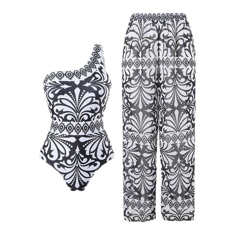 Damen Einteiler Badeanzug mit elegantem asymmetrischen Design und passender Hose Echo Archiv