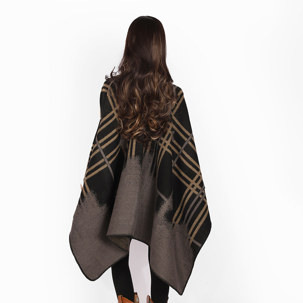 Damen Oversize-Capeponcho aus Wollmix mit Stern- und Karojacquard und weichfallendem Fall Echo Archiv