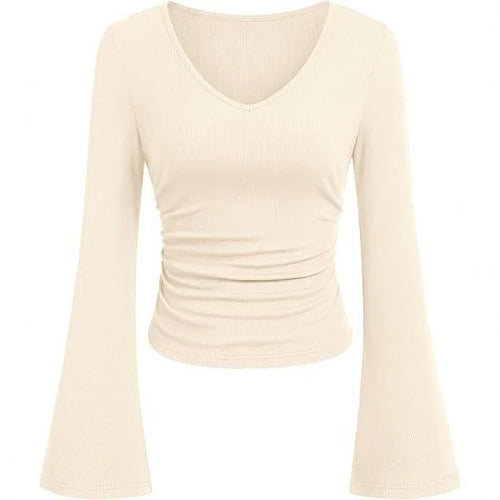 Damen Geripptes Cropped-Top mit V-Ausschnitt, taillierter Raffung und ausgestellten Trompetenärmeln – Orélia