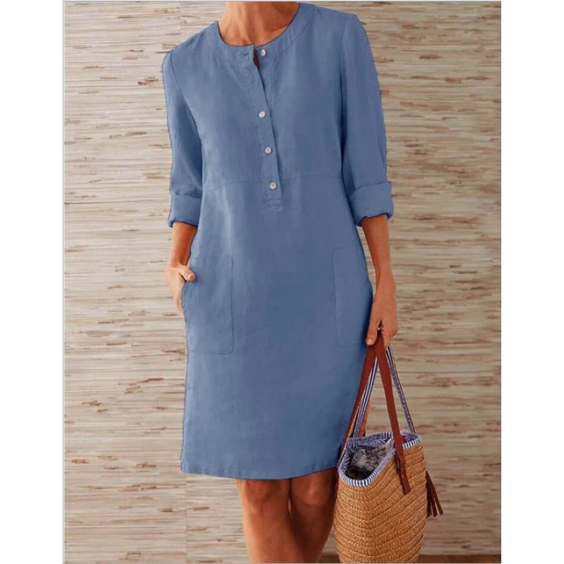 Damen Locker geschnittenes Leinenoptik-Kleid mit dreiviertel-Ärmeln, Knopfleiste und Eingrifftaschen Echo Archiv