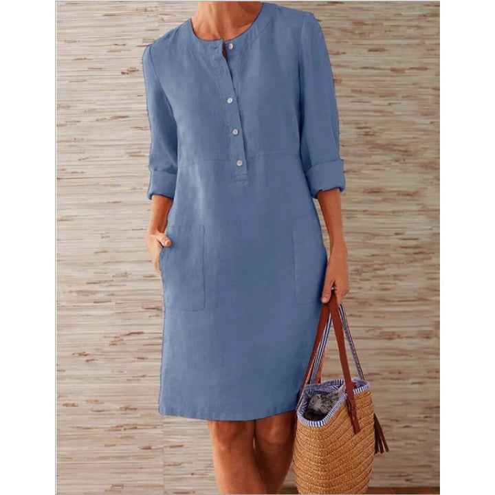 Damen Locker geschnittenes Leinenoptik-Kleid mit dreiviertel-Ärmeln, Knopfleiste und Eingrifftaschen Echo Archiv