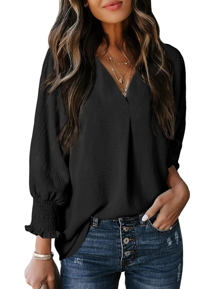 Damen V-Ausschnitt Bluse mit lässigen Ballonärmeln und Rüschendetails Echoarchiv