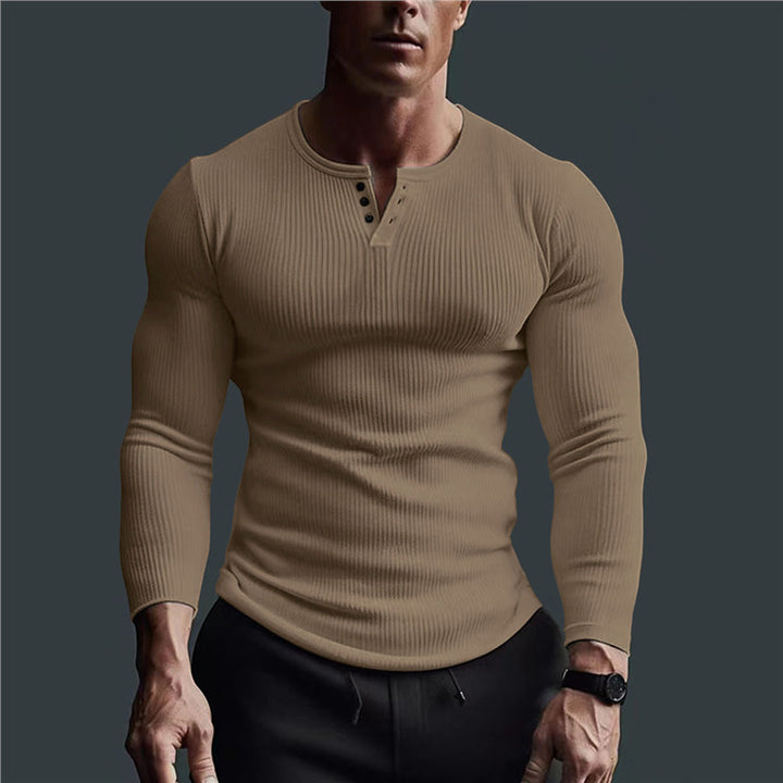 Herren eng anliegendes Langarmshirt mit Rippstruktur und Knopfleiste Echoarchiv