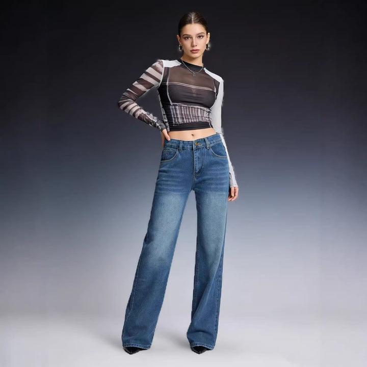Damen nan hochgeschnittene Weitbein-Jeans mit tonaler Seitennaht und verwaschenem Verlauf Echo Archiv