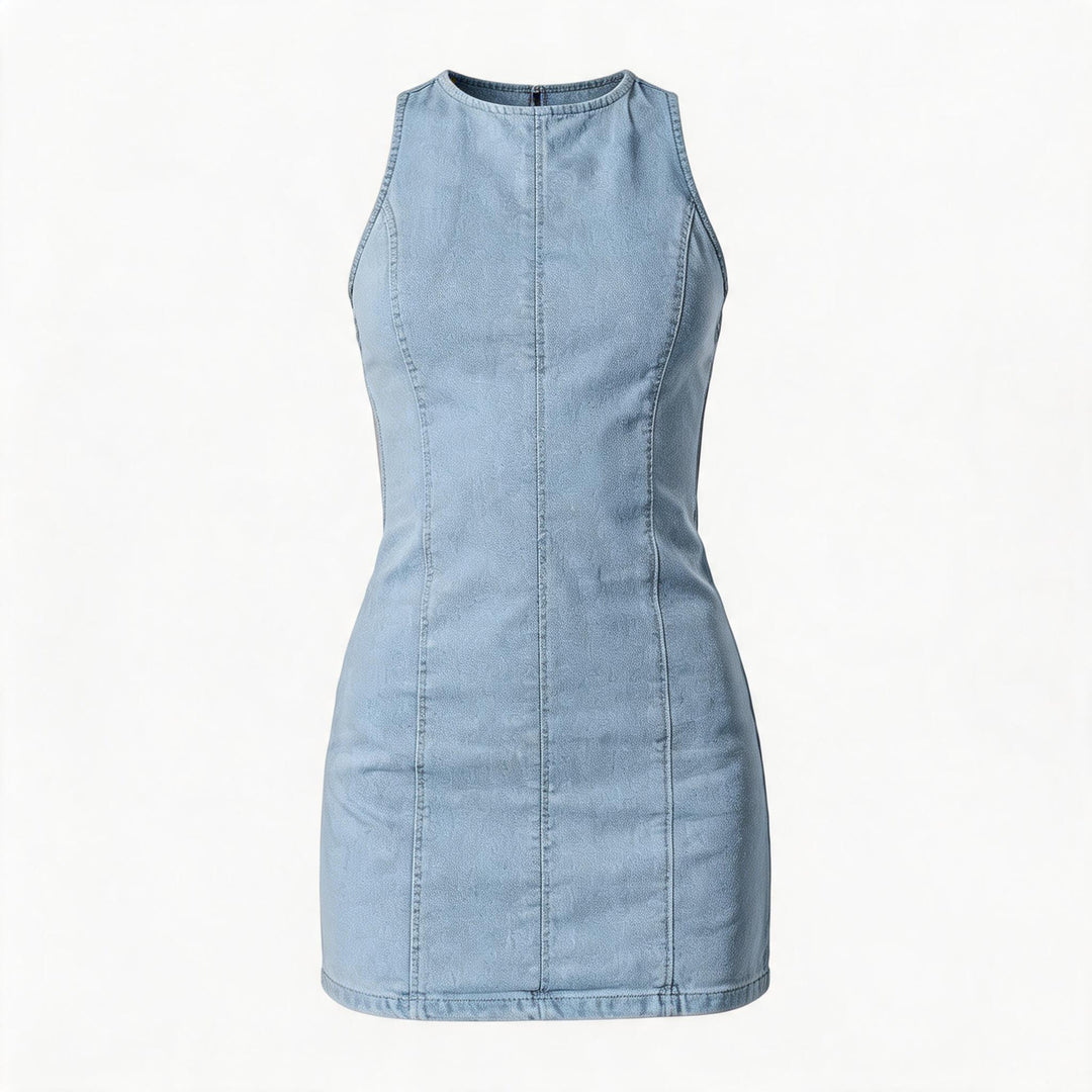 Damen figurbetontes Denim-Kleid mit Seitenschlitzen und hohem Kragen Echo Archiv