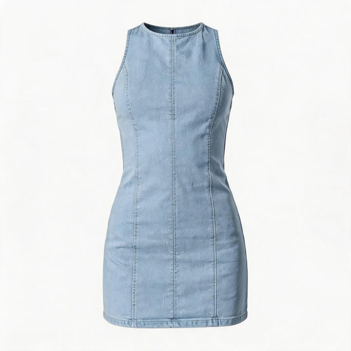 Damen figurbetontes Denim-Kleid mit Seitenschlitzen und hohem Kragen Echo Archiv