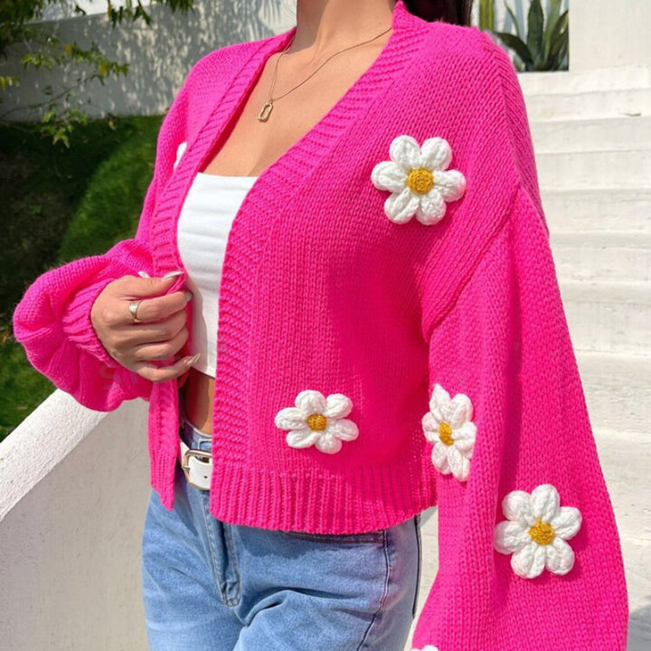 Damen Cropped-Cardigan aus Baumwollmix mit 3D-Blütenapplikationen – Veloura