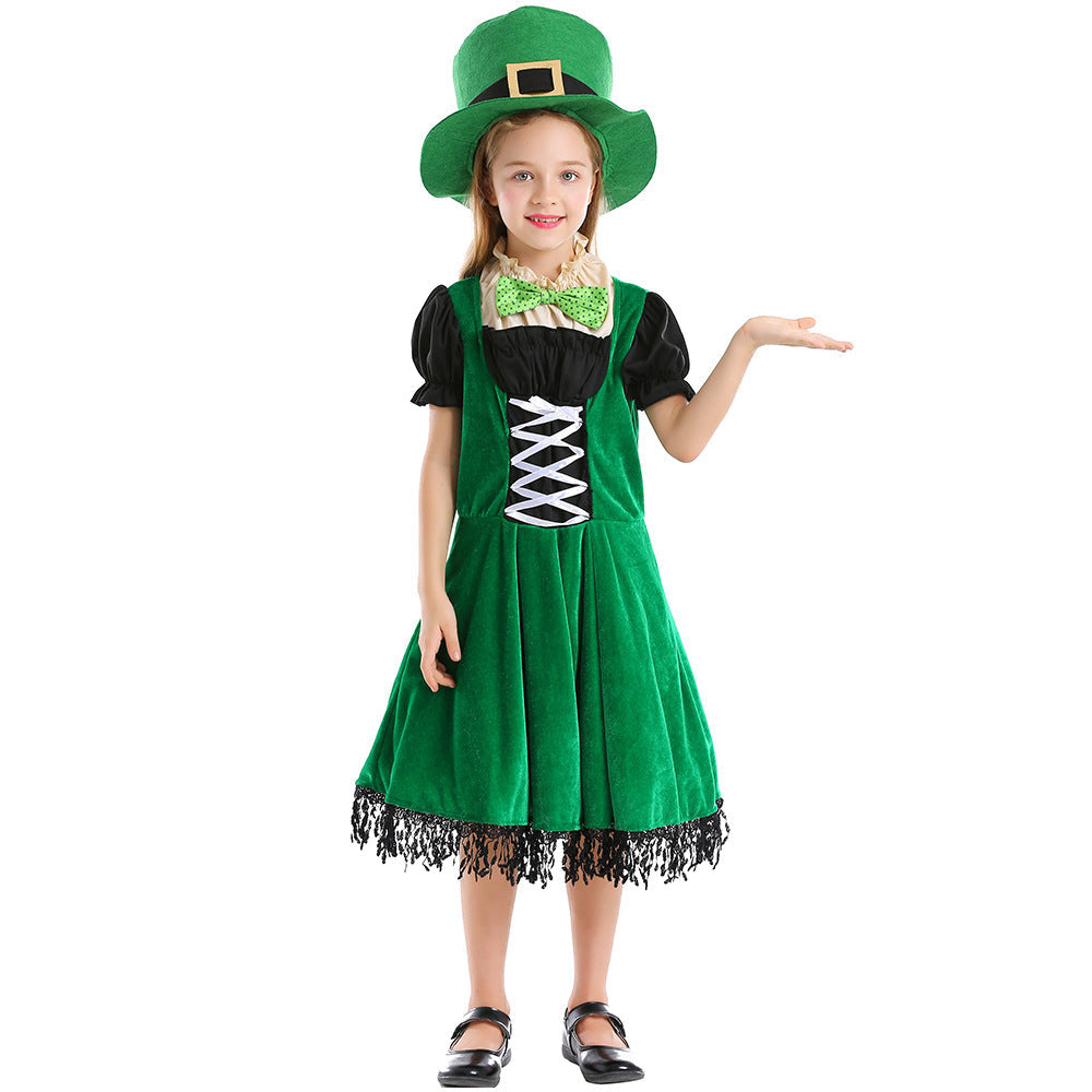 Mädchen Leprechaun Kostüm mit grünem Hut und Fransen Echo Archiv