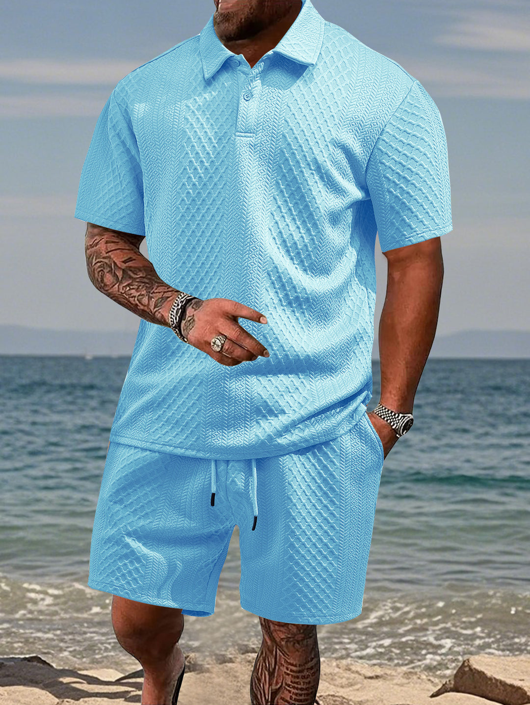 Herren sportliches Polo- und Shorts-Set mit strukturiertem Design Echoarchiv