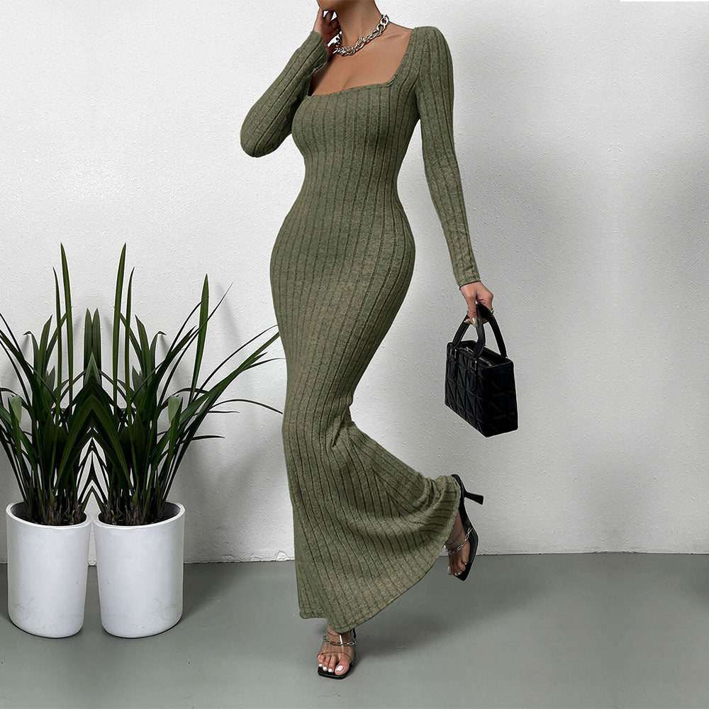 Damen geripptes Sculpting-Maxikleid mit Quadratausschnitt und taillierter Meerjungfrauen‑Silhouette – Valéora