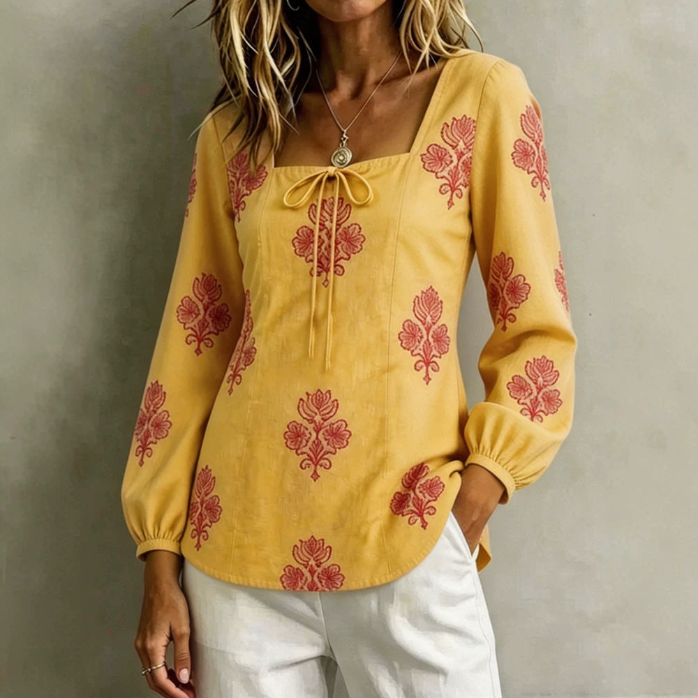 Damen Bestickte Tunika-Bluse mit quadratischem Ausschnitt und femininen Ballonärmeln – Élovi