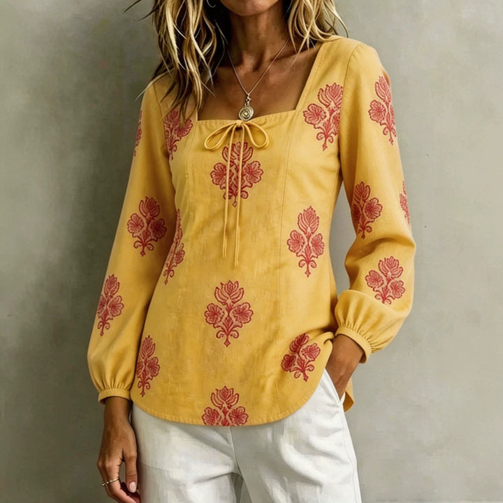 Damen Bestickte Tunika-Bluse mit quadratischem Ausschnitt und femininen Ballonärmeln – Élovi