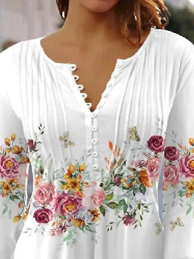 Damen nan luftige Tunika-Bluse mit Aquarell-Blumenbordüre, Kellerfalten und Dreiviertelärmeln Echo Archiv