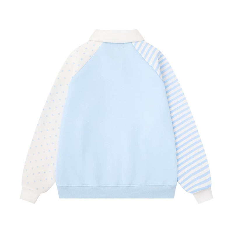 Damen Langarm-Polo-Sweatshirt im Patchwork-Stil mit kontrastierenden Ärmeln und Stern-Applikationen Echoarchiv