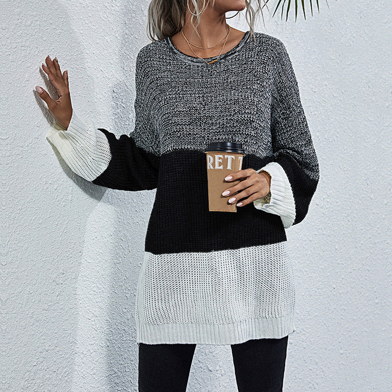 Damen Oversize Strickpullover mit Colorblock‑Einsätzen, Rundhals und Tunika‑Silhouette Echoarchiv