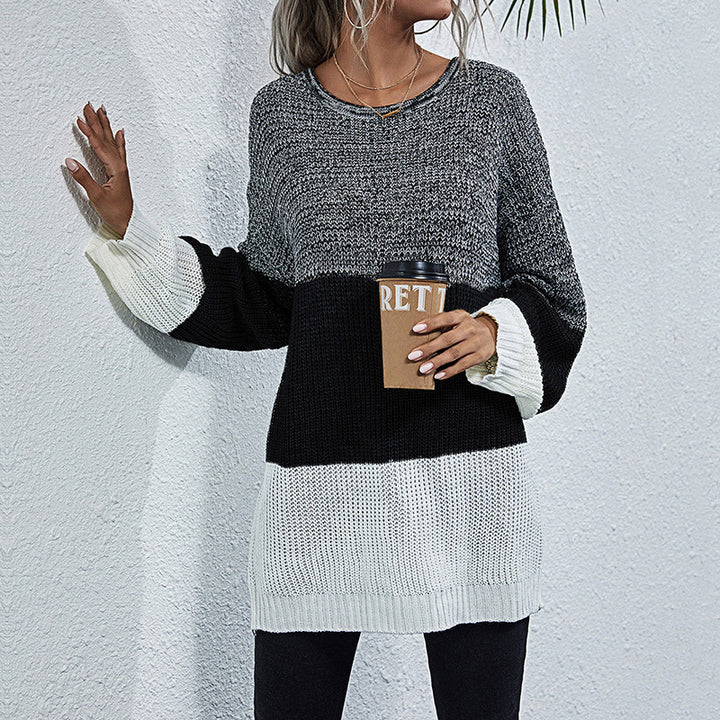Damen Oversize Strickpullover mit Colorblock‑Einsätzen, Rundhals und Tunika‑Silhouette Echoarchiv