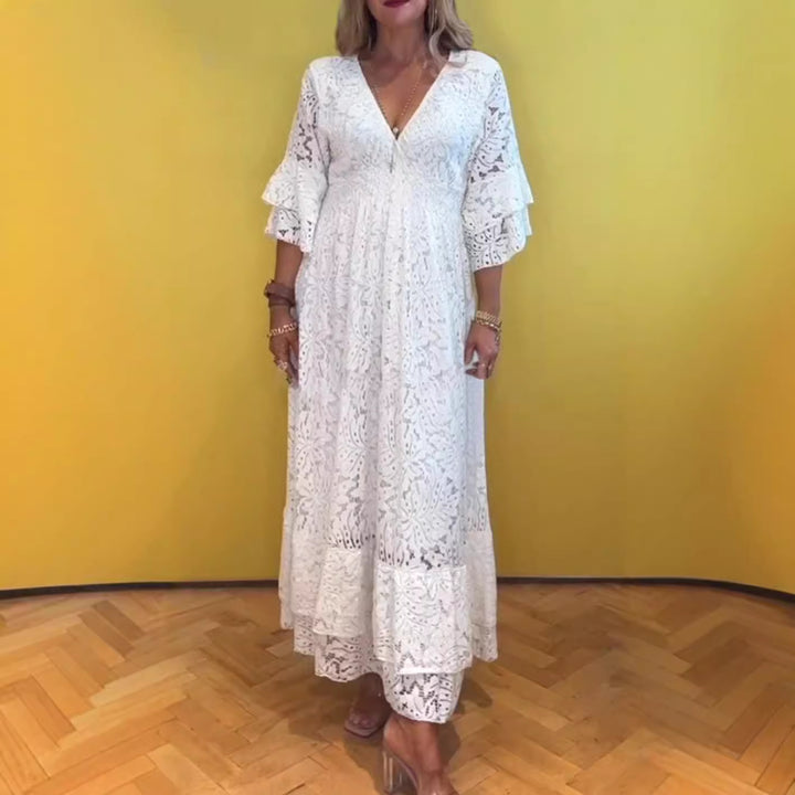Damen nan Boho-Spitzen-Maxikleid mit V-Ausschnitt, Unterbrustnaht und gestuften Volantärmeln Echo Archiv