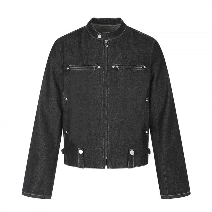 Herren Kurz geschnittene kastige Denimjacke im Worker-Blouson-Stil mit Stehkragen und Metallapplikationen Echo Archiv