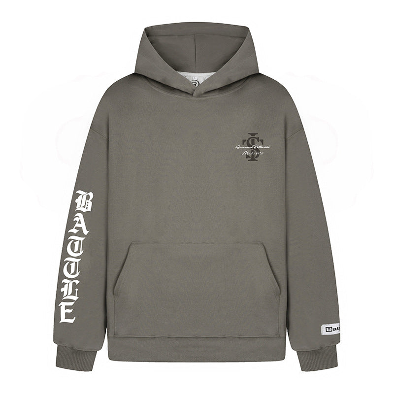 Unisex Oversize-Kapuzenpullover mit Gothic-Ärmelprint und Kängurutasche Echoarchiv