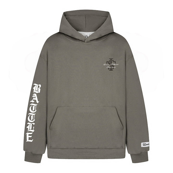 Unisex Oversize-Kapuzenpullover mit Gothic-Ärmelprint und Kängurutasche Echoarchiv