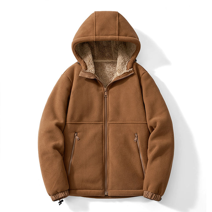 Herren Kapuzen-Fleecejacke mit Teddy-Innenfutter, durchgehendem Reißverschluss und winddichten Bündchen Echoarchiv