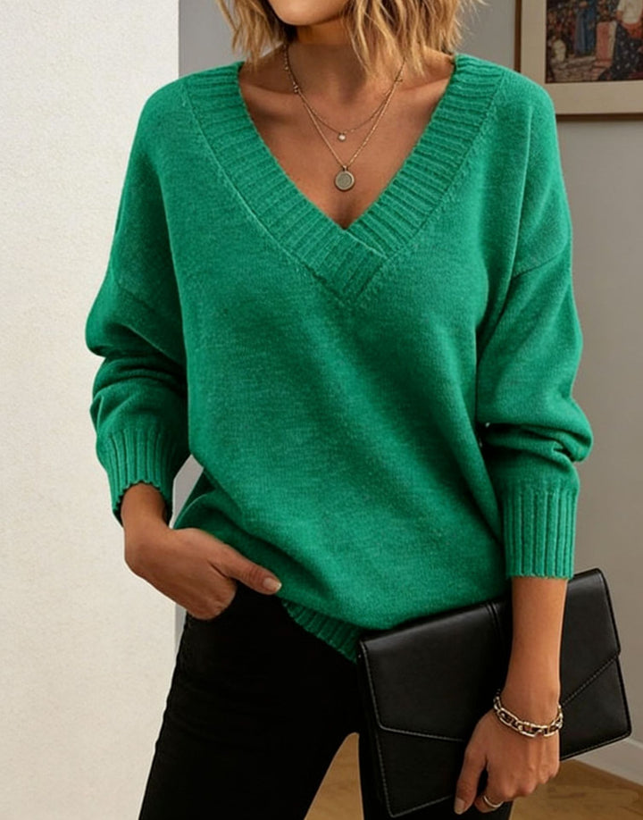 Damen Feinstrickpullover mit tiefem V-Ausschnitt und überschnittener Schulter – Mavelle