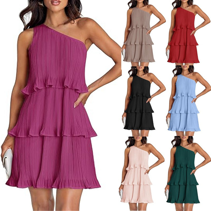 Damen Ärmelloses plissiertes Stufenkleid mit asymmetrischer Schulterpartie Echo Archiv