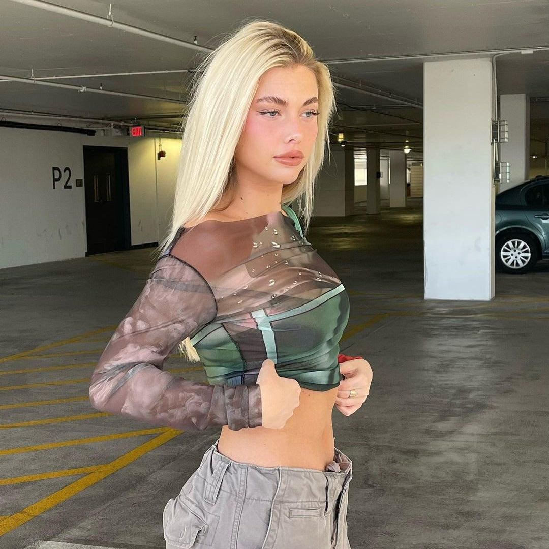 Damen Langarm Crop-Top mit transparenten Akzenten und grafischem Design Echo Archiv