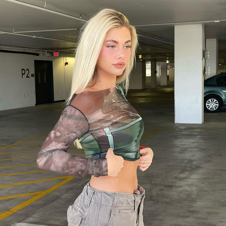 Damen Langarm Crop-Top mit transparenten Akzenten und grafischem Design Echo Archiv