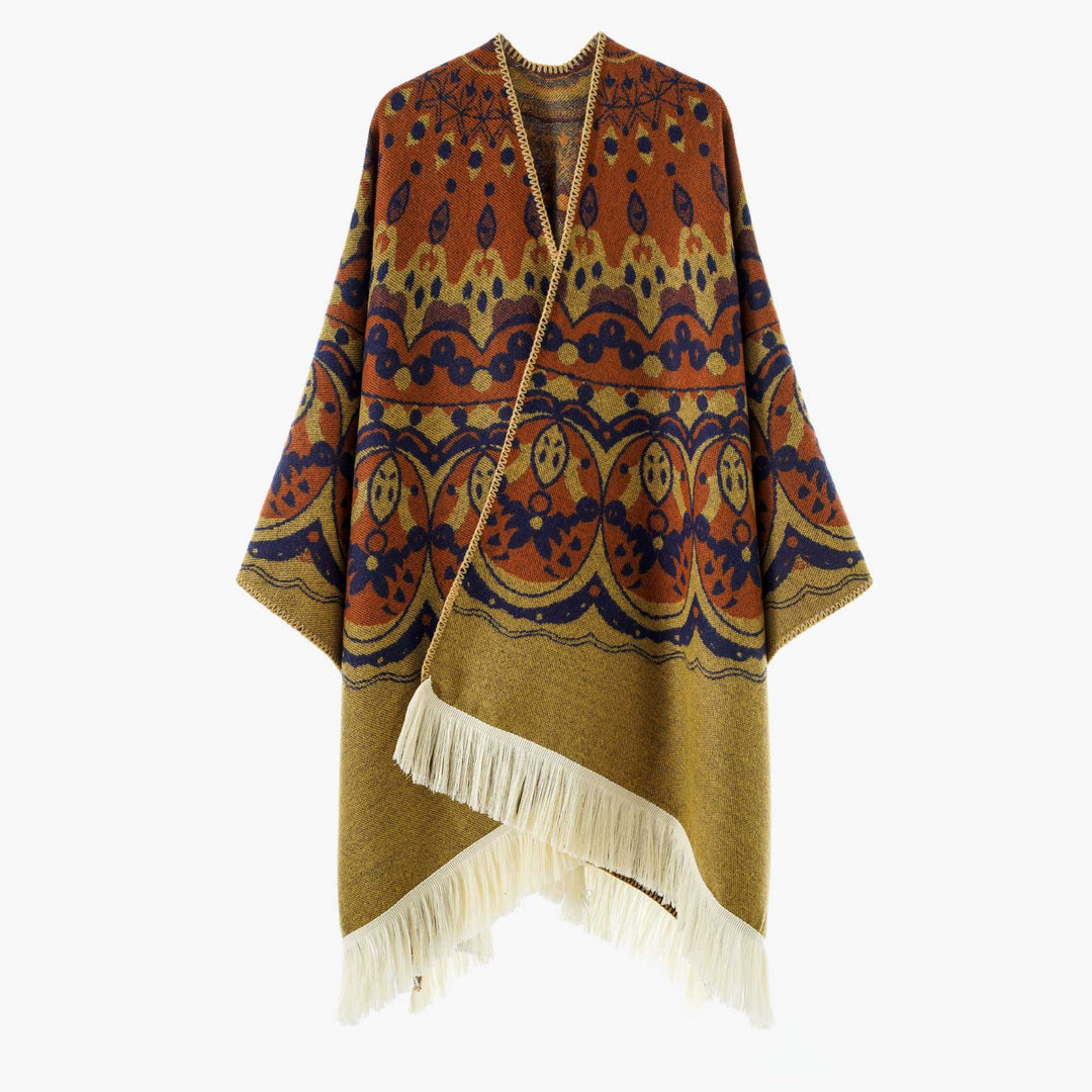 Damen Gewebter Jacquard-Poncho mit V-Ausschnitt, Ethno‑Print und Fransen – Avérine