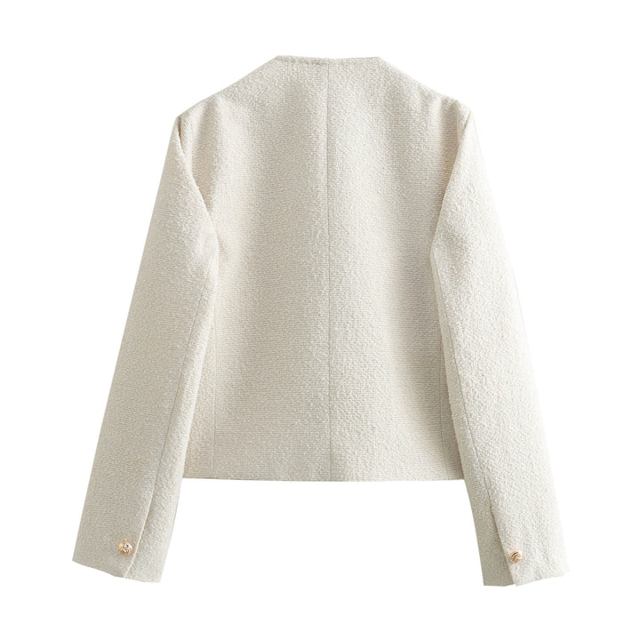 Damen Kurzgeschnittene Bouclé‑Tweedjacke mit Rundhalsausschnitt, Zierknöpfen und Pattentaschen Echo Archiv