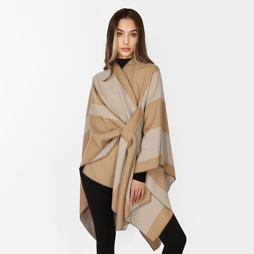 Damen Wickel‑Cape mit breitem Streifenmuster und Bindegürtel – Avérine