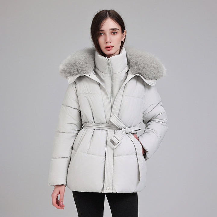 Damen nan luxuriöse kurze Pufferjacke mit integriertem Windschutzkragen und Taillengürtel Echo Archiv
