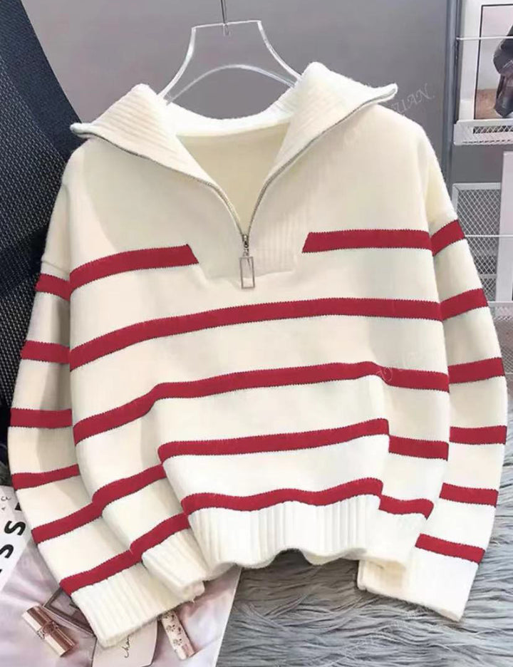 Damen Gestreifter Halb-Reißverschluss Strickpullover mit Rippenkragen – Mavelle