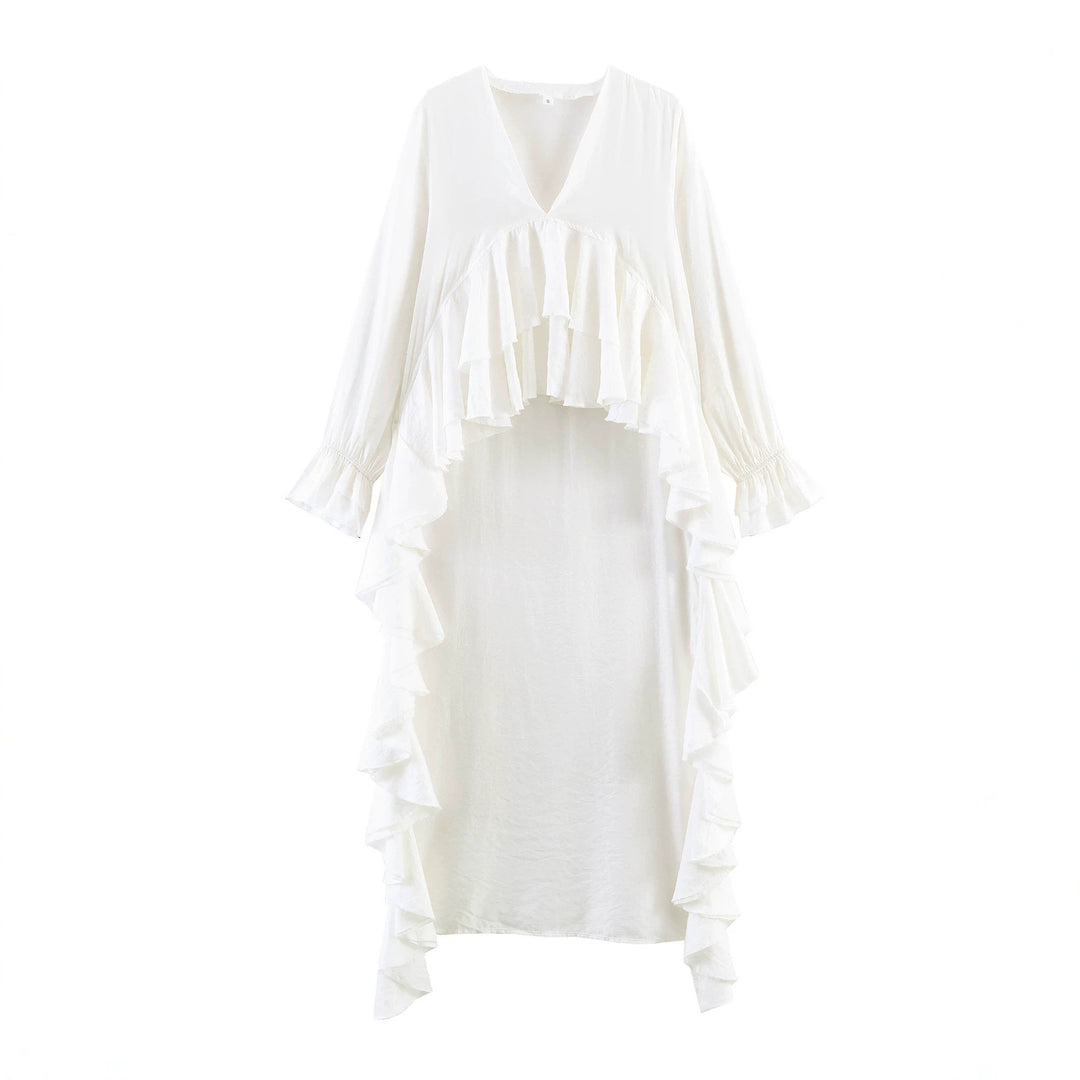 Damen Maxikleid mit asymmetrischem Volantbesatz, V-Ausschnitt und langen Rüschenärmeln Echo Archiv