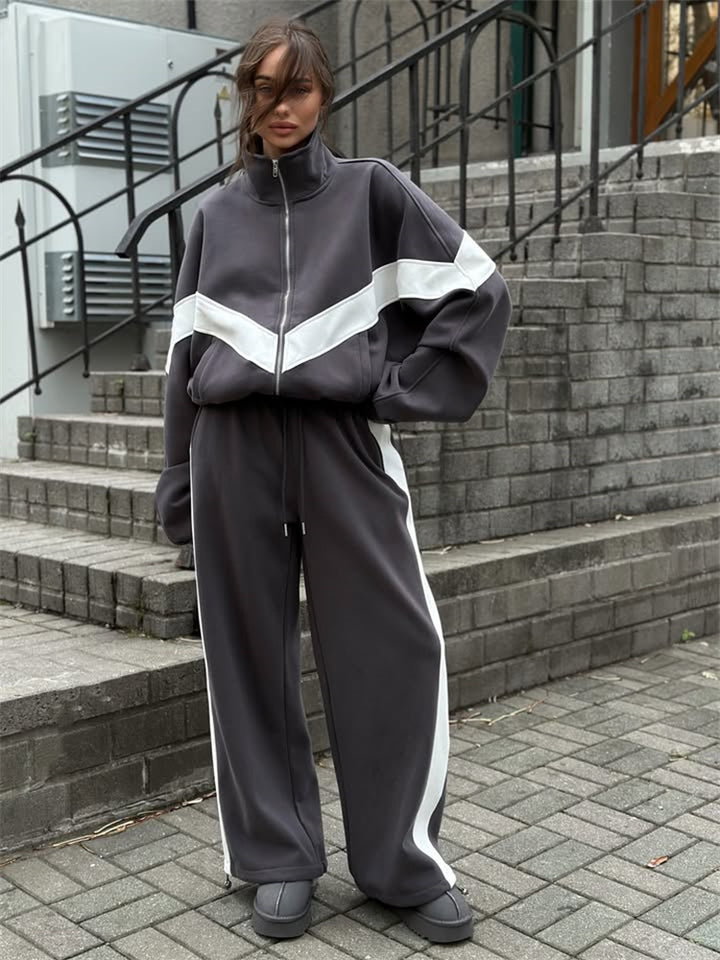 Damen eleganter sportlicher Zweiteiler Trainingsanzug mit Reißverschluss und kontrastierender V-Passe – Avérine