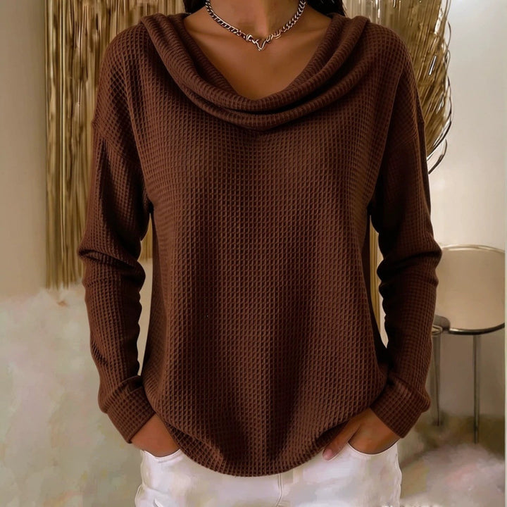 Damen Lässiger Waffelstrick-Pullover mit weitem Wasserfallkragen und gerundetem Saum Echoarchiv