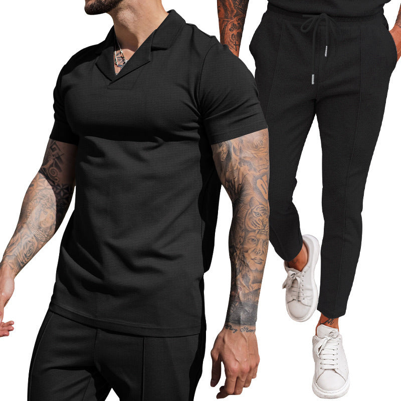 Herren elegantes Kurzarm-Polo und schmal geschnittene Hose Set Echoarchiv