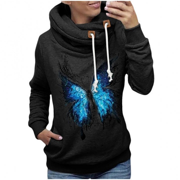 Damen Kapuzenpullover mit hohem Schlauchkragen, Kängurutasche und Schmetterlingsprint – Auréline