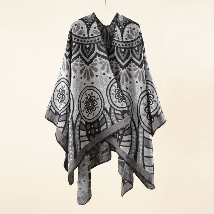 Damen Wollmix-Umhangponcho mit ornamentaler Jacquardstruktur und offenem Fall – Montévia