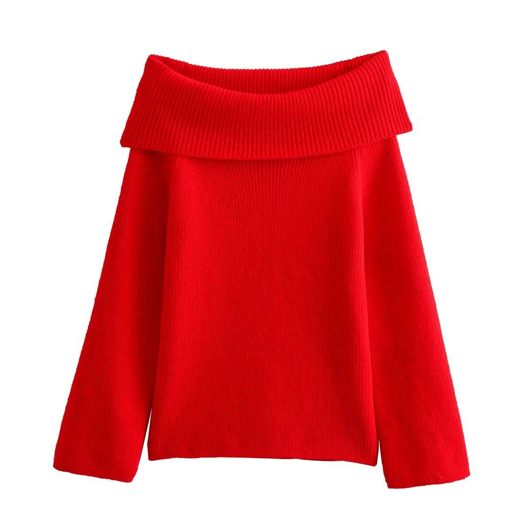 Damen Oversized Off-Shoulder Rippstrick-Pullover mit großem Wendkragen Echo Archiv
