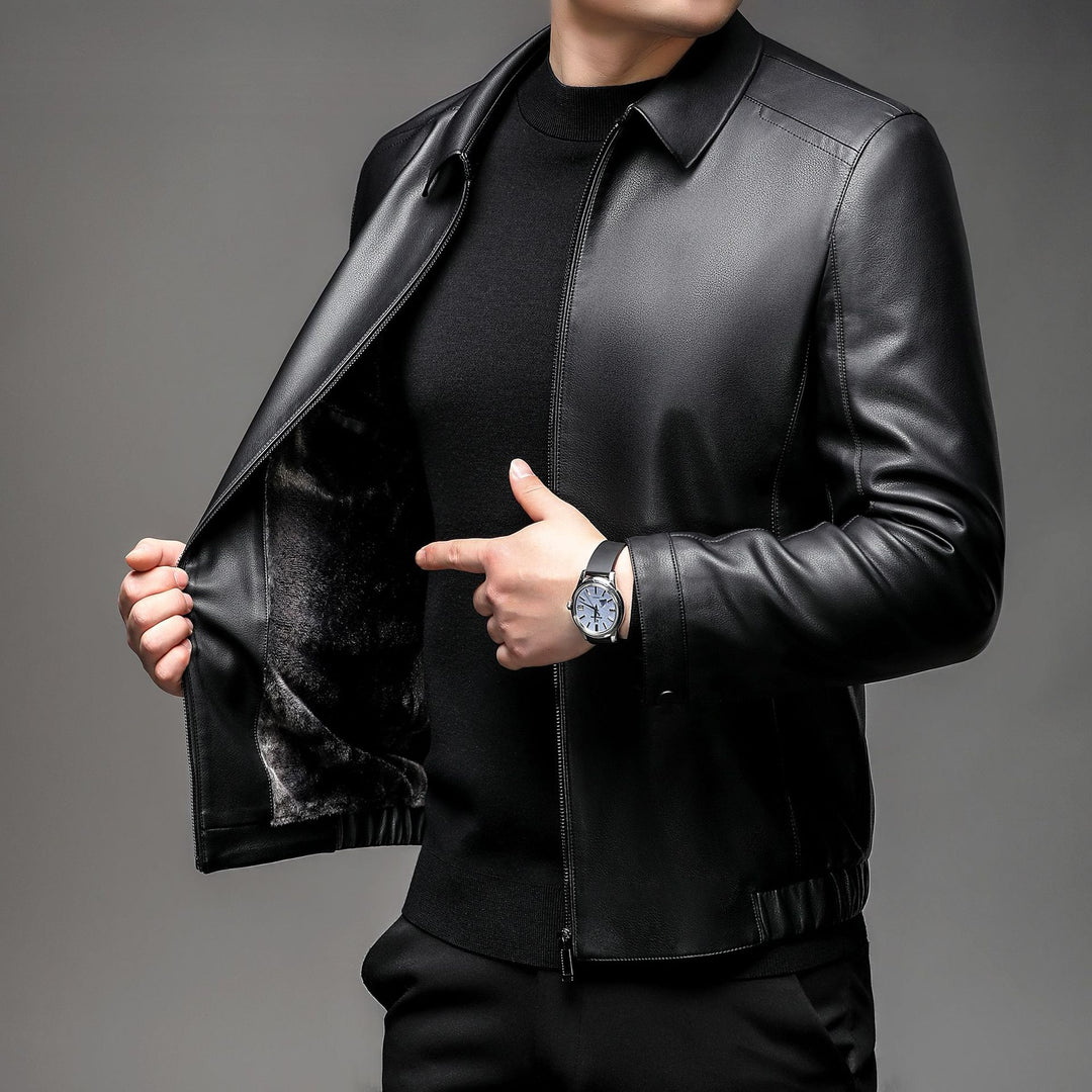 Herren Lederblouson mit wärmendem Fellfutter, Hemdkragen und Reißverschluss Echo Archiv