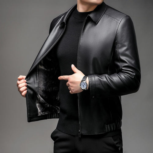 Herren Lederblouson mit wärmendem Fellfutter, Hemdkragen und Reißverschluss Echo Archiv