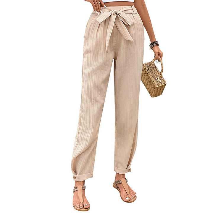 Damen Leichte Paperbag-Hose mit Taillenschleife, geradem Bein und Krempelbund Echoarchiv