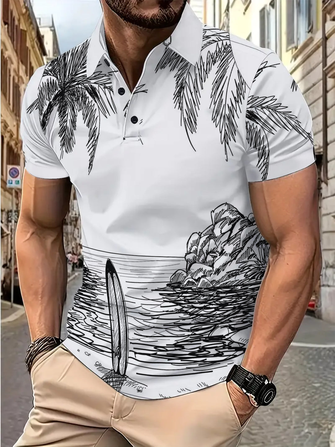 Herren Polohemd mit kreativem Surfmotiv und hochwertiger Baumwollmischung Echoarchiv