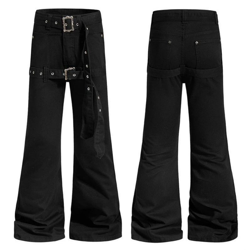 Damen High‑Waist Schlag-Cargohose mit weitem Bein, Doppelgürtel und Metallösen Echoarchiv
