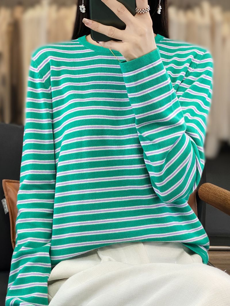 Damen Leichter Baumwollmix-Streifenpullover mit Rundhals, Raglanärmeln und lässiger Silhouette Echoarchiv